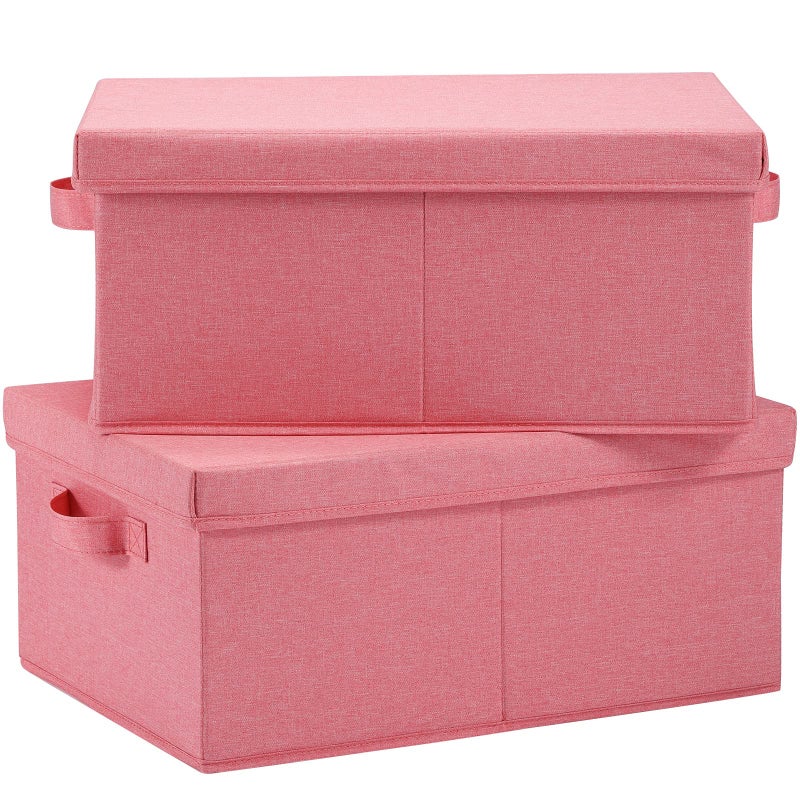HOONEX Linen Foldable Storage Bins with Lids 2 Pack Storage Boxes with Carrying Handles and Sturdy Heavy Cardboard 165 L x 118 W x 75 H for Shoes Books Clothes Nursery Pink