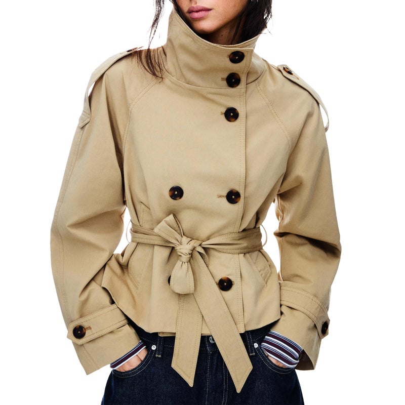 Maohao Women's Cropped Trench Coat Double Breasted Short Jacket High Collar Fall Winter Coats Trendy Outfit with Belt(Khaki,S) - Image 1