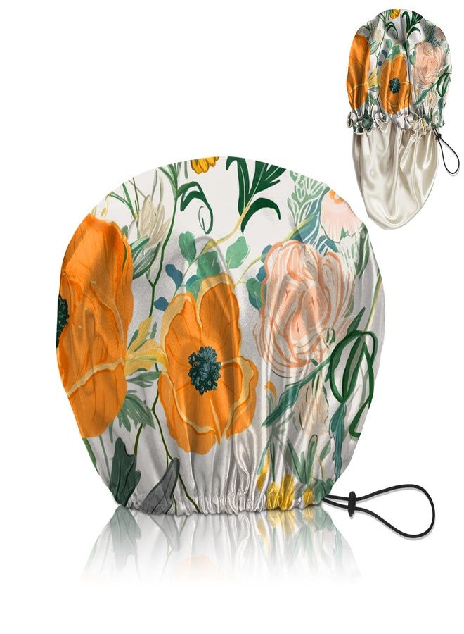 Cabreche Luxury Shower Cap Satin Silk Lined Adjustable Elastic Reusable Waterproof Shower Bath Cap Cute for Women Girls-Orange Flower - Image 1