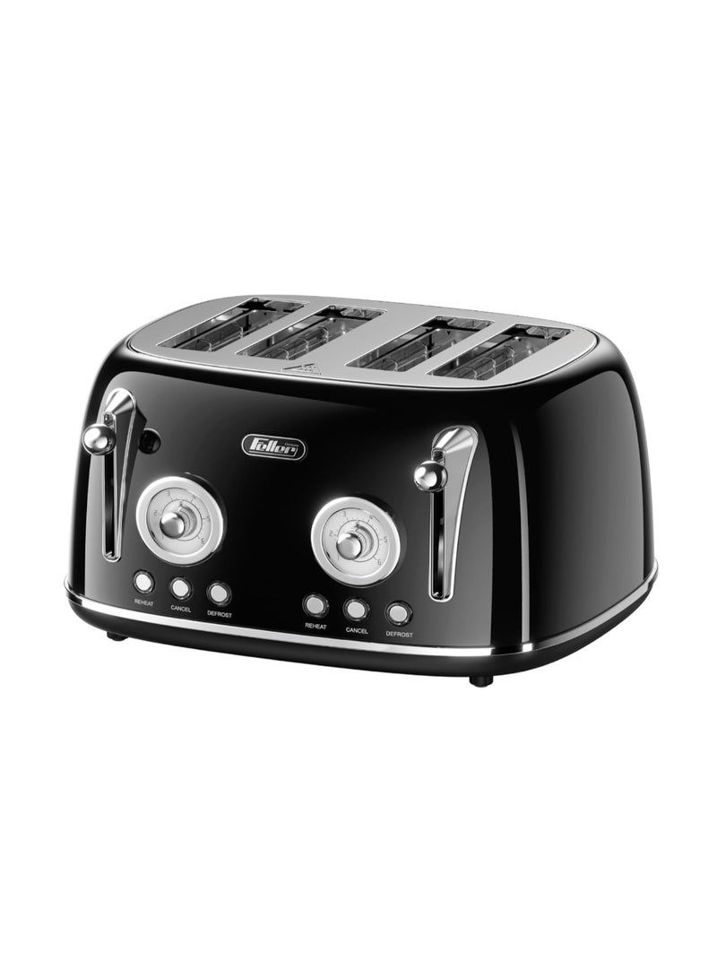 Feller Germany, Retro Style 4-Slice Toaster, 1630 W, Steel Body, 2 Dust Covers & 2 Bun Warmers, Defrost, Reheat, & Cancel Function, 4 Extra wide Bread Slots, Removable Crumb Tray - Image 1