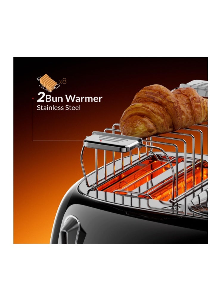 Feller Germany, Retro Style 4-Slice Toaster, 1630 W, Steel Body, 2 Dust Covers & 2 Bun Warmers, Defrost, Reheat, & Cancel Function, 4 Extra wide Bread Slots, Removable Crumb Tray - Image 2