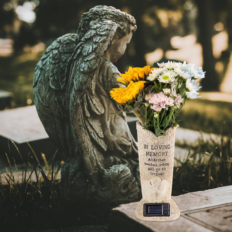 HUYIENO Solar Memorial Cemetery Flower Vase with LED for Fresh/Artificial Cemetery Grave Decorations Angel Statue Vase with Spikes Gravestone Decor - Image 4