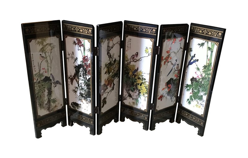 APERFECT Decorations for The Home 6 Panel Divider Mini Folding Screen Chinese Lacquerware Mini Desktop Folding Screen Feng Shui Ornaments Oriental Gift Business Gift