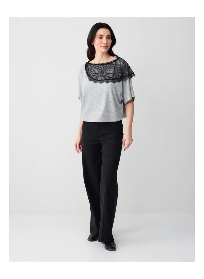 Jimmy Key Gray Mélange Drop Collar Batwing Sleeve Detailed Knit Blouse.