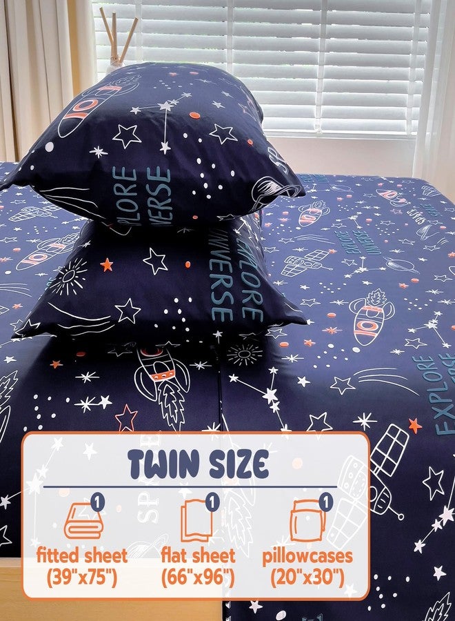 Homilay Twin Sheets Set Kids - 3 Pieces Space Rocket Universe Navy Sheets for Boys, Girls, Teens, Toddler, Easy Fit Deep Pockets, Breathable, Wrinkle-Free, Cozy Soft Cartoon Print Cute Bed Sheets - Image 3