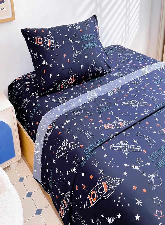 Homilay Twin Sheets Set Kids - 3 Pieces Space Rocket Universe Navy Sheets for Boys, Girls, Teens, Toddler, Easy Fit Deep Pockets, Breathable, Wrinkle-Free, Cozy Soft Cartoon Print Cute Bed Sheets - Image 1