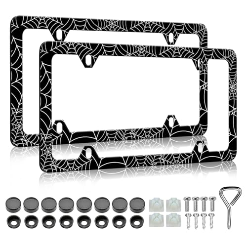 LIN KANG Spider Web License Plate Frame 2 PCS Goth Gothic Web Aluminum Metal License Plate Frames Holder Covers RustProof Waterproof Car Decorative Tag Frames for Standard Us 12x6 Inch - Image 1