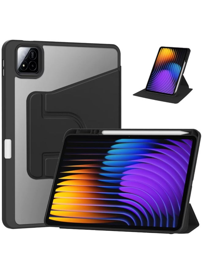 غطاء ذكي قابل للقلب مع حامل دوار 360 درجة وخاصية النوم والاستيقاظ التلقائي لتابع شاومي مي باد 7 وباد 7 برو مقاس 11.2 بوصة 2024، مع غطاء خلفي شفاف باللون الأسود - 1 قطعة - Image 1