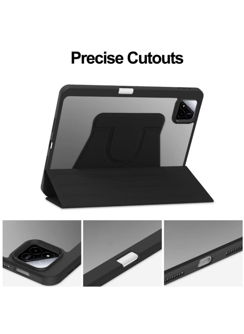 غطاء ذكي قابل للقلب مع حامل دوار 360 درجة وخاصية النوم والاستيقاظ التلقائي لتابع شاومي مي باد 7 وباد 7 برو مقاس 11.2 بوصة 2024، مع غطاء خلفي شفاف باللون الأسود - 1 قطعة - Image 2