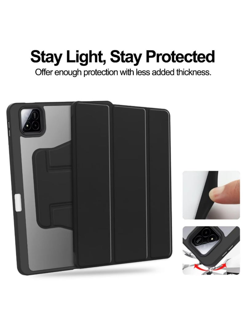 غطاء ذكي قابل للقلب مع حامل دوار 360 درجة وخاصية النوم والاستيقاظ التلقائي لتابع شاومي مي باد 7 وباد 7 برو مقاس 11.2 بوصة 2024، مع غطاء خلفي شفاف باللون الأسود - 1 قطعة - Image 3