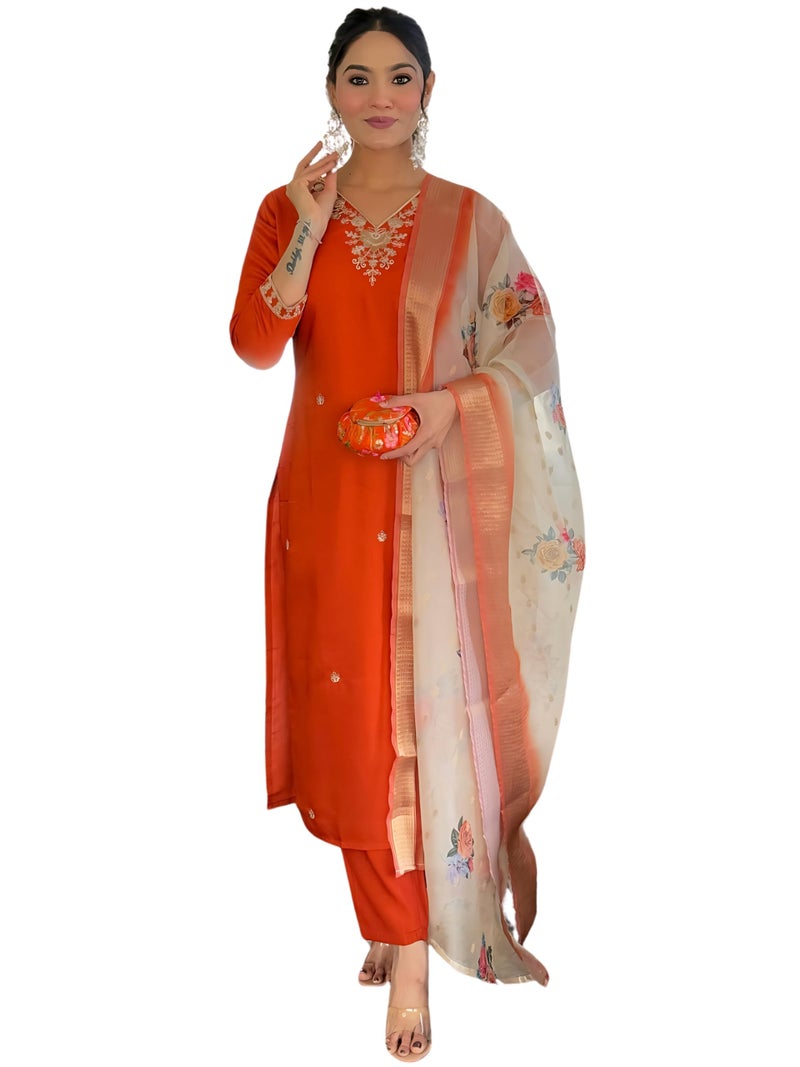 Naixa Women's Rust BSY Viscose Embroidered Straight Kurta with BSY Viscose Pant And Organza Jacquard with digital Print Dupatta Sets (NX-684-Rust-XXL) - Image 1