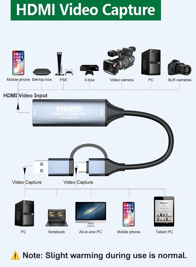 في كي إل بطاقة التقاط HDMI بدقة 4K@30Hz وإخراج 1080P، USB-A وType-C، وصّل وشغّل، متوافقة مع PS5/PS4/Switch/Xbox/كاميرا/لابتوب، للبث المباشر والألعاب والتسجيل – OBS/Zoom/YouTube - Image 2