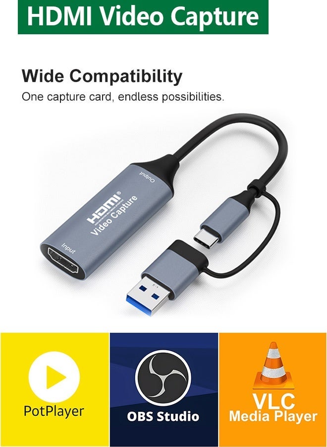 في كي إل بطاقة التقاط HDMI بدقة 4K@30Hz وإخراج 1080P، USB-A وType-C، وصّل وشغّل، متوافقة مع PS5/PS4/Switch/Xbox/كاميرا/لابتوب، للبث المباشر والألعاب والتسجيل – OBS/Zoom/YouTube - Image 4