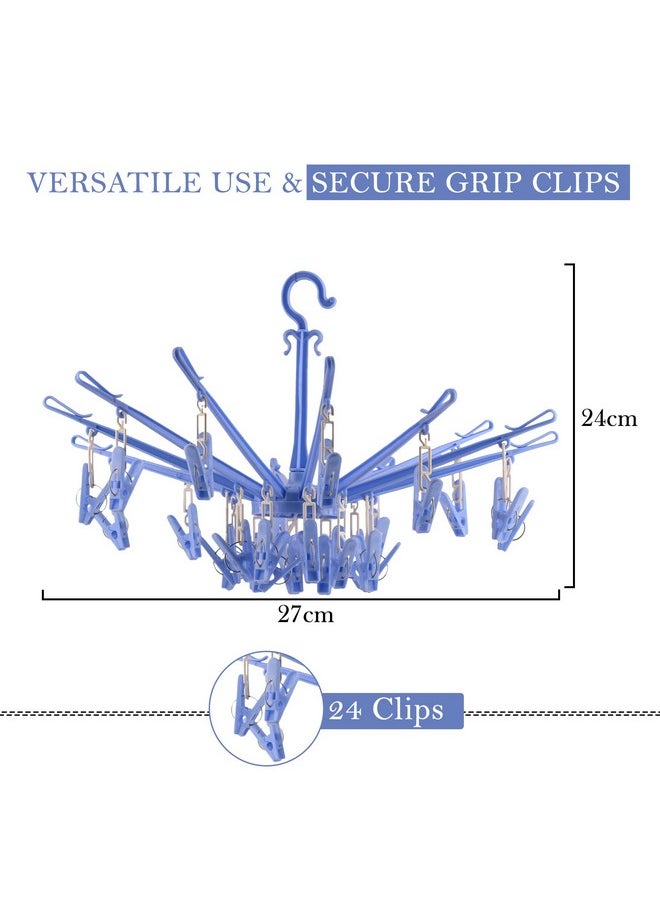 Kuber Industries Kuber Industries Cloth Drying Hanger | 360? Cloth Drying Stand | Baby Cloth Drying Pegs | 24 Clips Clothes Hanger for Socks, Bras, Underwear & Towels | Folding Cloth Drying Clips | Blue  - Image 3