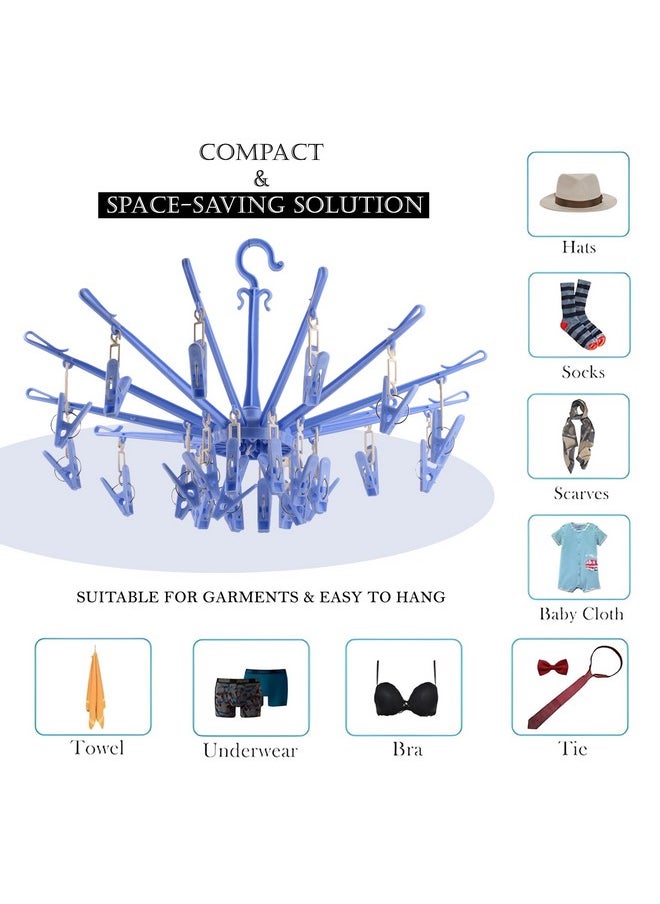 Kuber Industries Kuber Industries Cloth Drying Hanger | 360? Cloth Drying Stand | Baby Cloth Drying Pegs | 24 Clips Clothes Hanger for Socks, Bras, Underwear & Towels | Folding Cloth Drying Clips | Blue  - Image 5