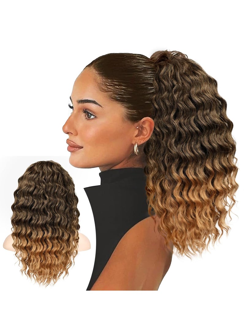 KooKaStyle - KooKaStyle Curly Ponytail Extension Fluffy Drawstring Ponytail Hair Extensions for Women Long Kinky Curly Wavy Pony Tail Extension Synthetic Hairpiece for Daily Use18Inch Ombre Black To Blonde - Image 1