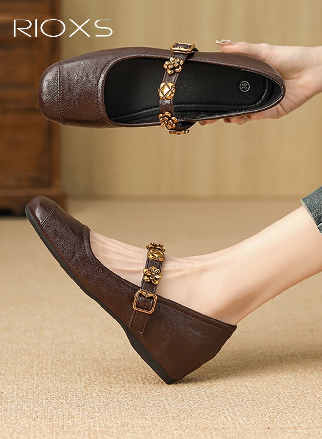 RIOXS Women's Mary Jane Shoes, Internal Increase Shoes, Retro Style Shoes For Women, Square Toe Dressy Shoes, Ladies Ballet Shoes, Hidden Heel Mary Jane Shoes, Comfortable Shoes For Work/ Party/ Daily Leisure- Bromn Mary Jane Shoes - Image 3