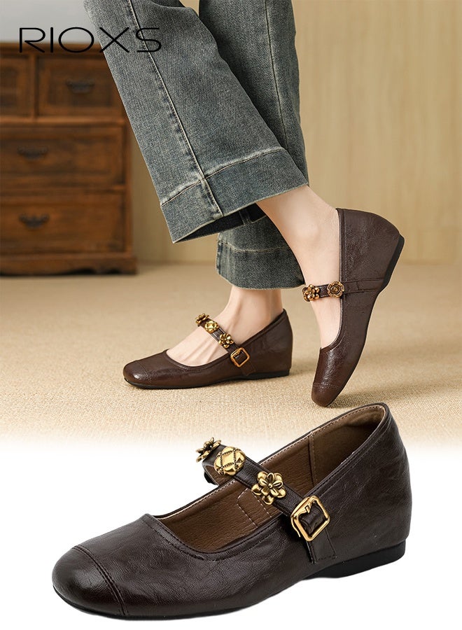 RIOXS Women's Mary Jane Shoes, Internal Increase Shoes, Retro Style Shoes For Women, Square Toe Dressy Shoes, Ladies Ballet Shoes, Hidden Heel Mary Jane Shoes, Comfortable Shoes For Work/ Party/ Daily Leisure- Bromn Mary Jane Shoes - Image 1