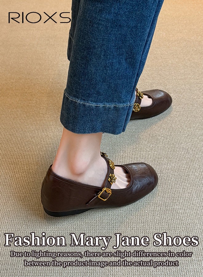 RIOXS Women's Mary Jane Shoes, Internal Increase Shoes, Retro Style Shoes For Women, Square Toe Dressy Shoes, Ladies Ballet Shoes, Hidden Heel Mary Jane Shoes, Comfortable Shoes For Work/ Party/ Daily Leisure- Bromn Mary Jane Shoes - Image 4