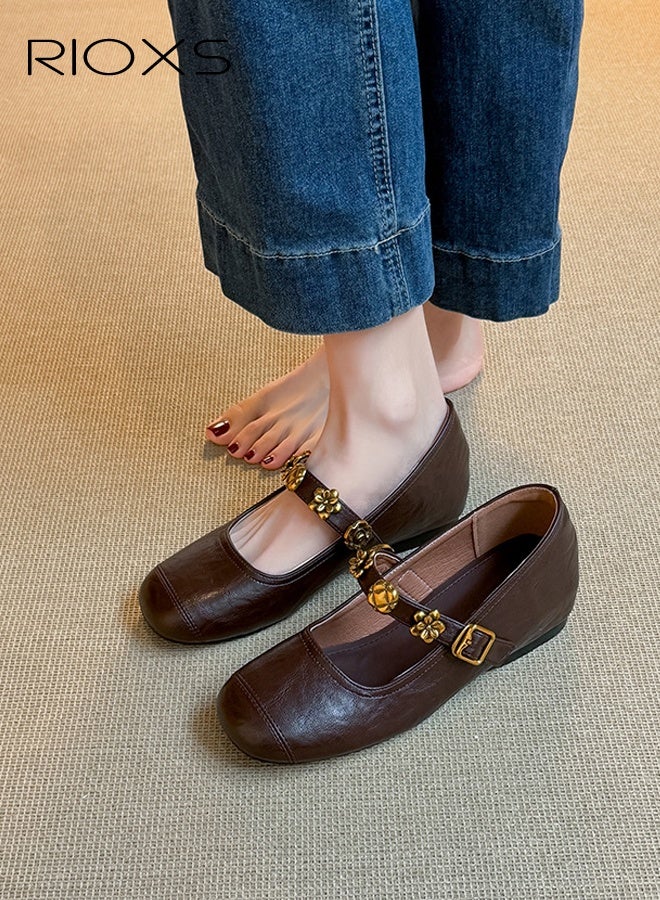 RIOXS Women's Mary Jane Shoes, Internal Increase Shoes, Retro Style Shoes For Women, Square Toe Dressy Shoes, Ladies Ballet Shoes, Hidden Heel Mary Jane Shoes, Comfortable Shoes For Work/ Party/ Daily Leisure- Bromn Mary Jane Shoes - Image 5