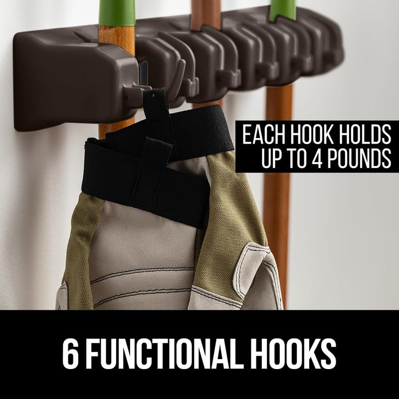 GORILLA GRIP Wall Mount Hook Fixture, Also Includes Slots to Hold Mop, Broom, Tools, Easy Install, Organize Cleaners, Tools, Home, Kitchen, Garage, 6 Hooks 5 Slots, Brown - Image 3