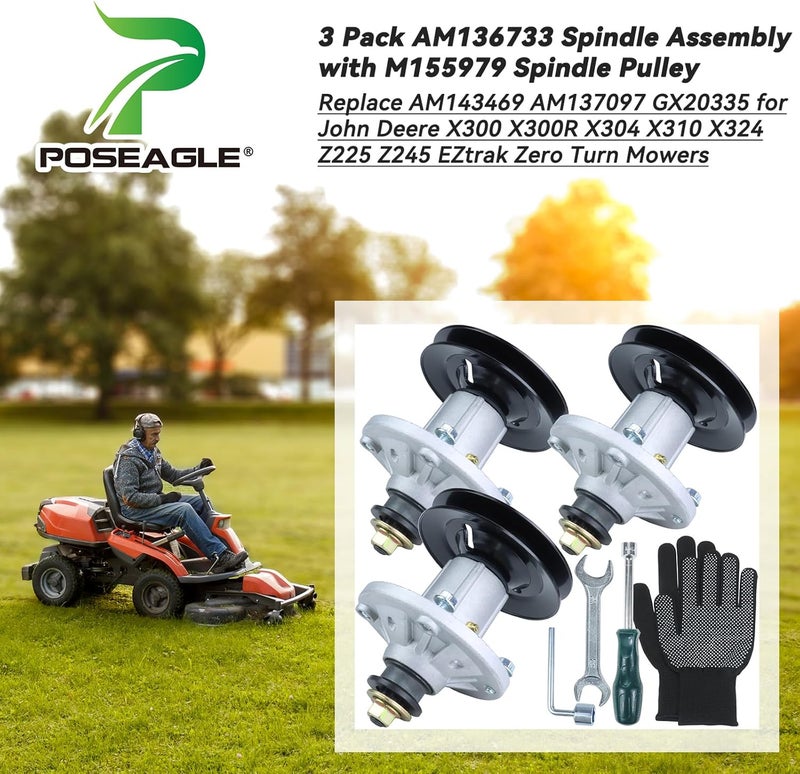 POSEAGLE 3 Pack Pre-Greased AM136733 Spindle Assembly with M155979 Spindle Pulley Replace AM143469 AM137097 GX20335 for John Deere X300 X300R X304 X310 X324 Z225 Z245 EZtrak Zero Turn Mowers - Image 2