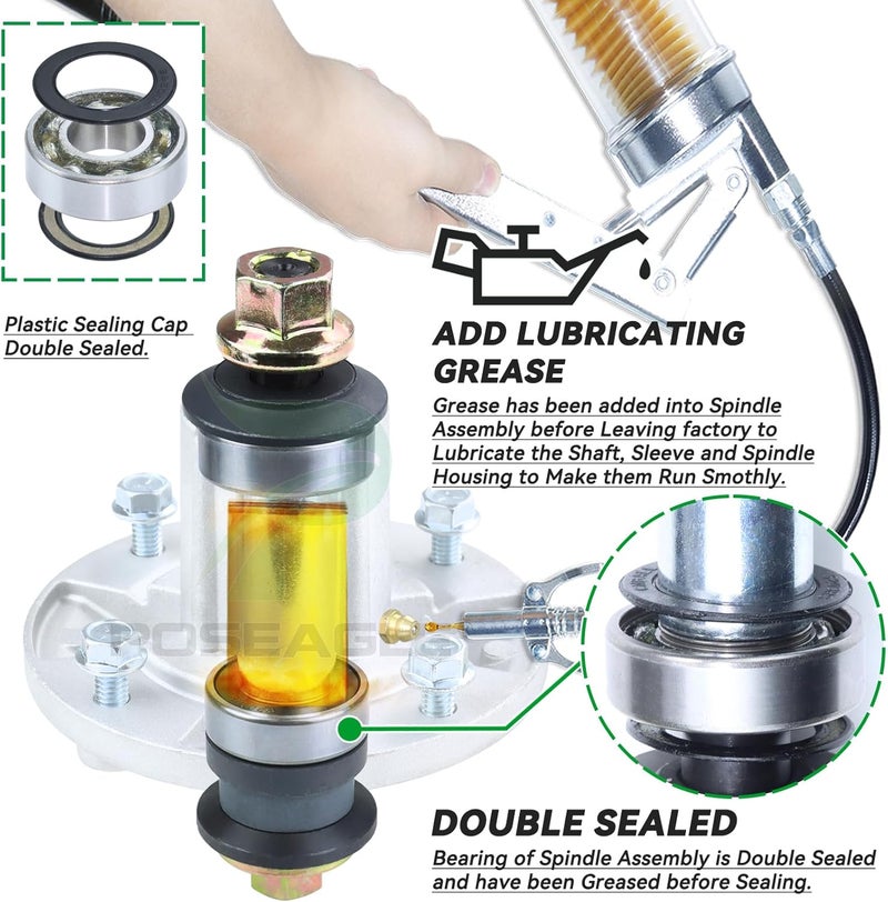 POSEAGLE 3 Pack Pre-Greased AM136733 Spindle Assembly with M155979 Spindle Pulley Replace AM143469 AM137097 GX20335 for John Deere X300 X300R X304 X310 X324 Z225 Z245 EZtrak Zero Turn Mowers - Image 4