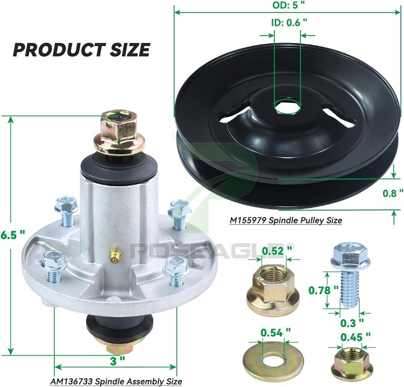 POSEAGLE 3 Pack Pre-Greased AM136733 Spindle Assembly with M155979 Spindle Pulley Replace AM143469 AM137097 GX20335 for John Deere X300 X300R X304 X310 X324 Z225 Z245 EZtrak Zero Turn Mowers - Image 3
