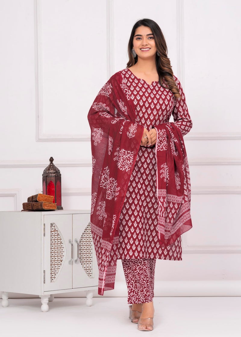 MEERA FAB Women's Cotton Printed Straight Kurta With Palazzo & Dupatta Set Maroon - Image 2