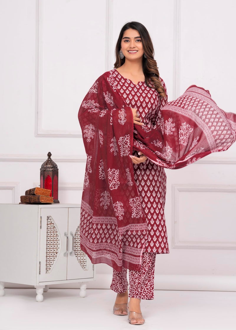 MEERA FAB Women's Cotton Printed Straight Kurta With Palazzo & Dupatta Set Maroon - Image 3
