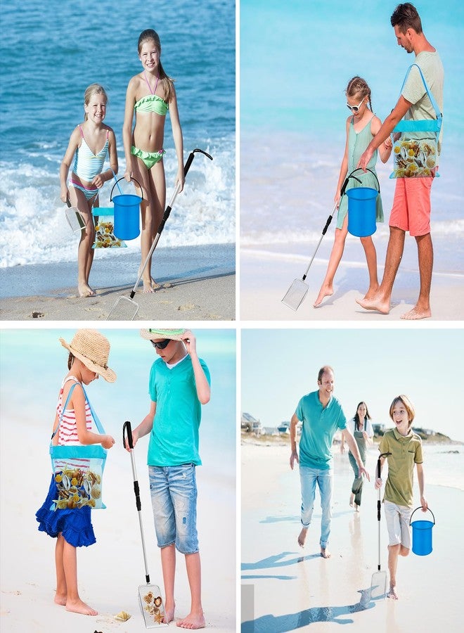 Waybas أدوات مغرفة قواقع 4 قطع للشاطئ، مصفاة رمل بأسنان قرش قابلة للتعديل مع حقيبة جمع القواقع الشبكية دلو شاطئ قابل للطي ألعاب مجرفة للشاطئ للبالغين والأطفال لجمع القواقع وصيد الصخور (ب)  - Image 4