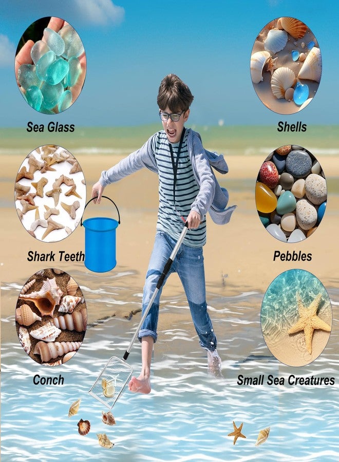 Waybas أدوات مغرفة قواقع 4 قطع للشاطئ، مصفاة رمل بأسنان قرش قابلة للتعديل مع حقيبة جمع القواقع الشبكية دلو شاطئ قابل للطي ألعاب مجرفة للشاطئ للبالغين والأطفال لجمع القواقع وصيد الصخور (ب)  - Image 5