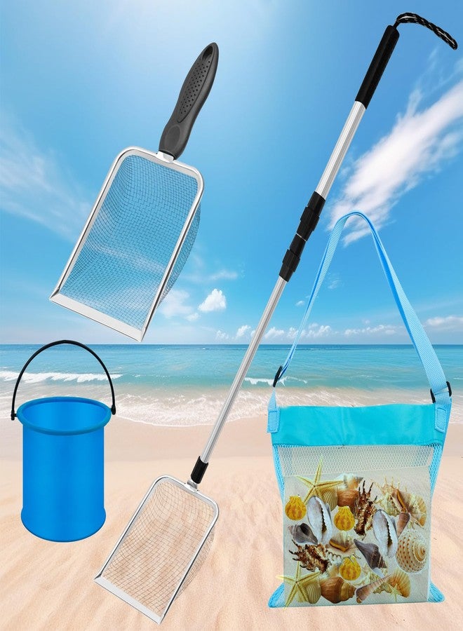 Waybas أدوات مغرفة قواقع 4 قطع للشاطئ، مصفاة رمل بأسنان قرش قابلة للتعديل مع حقيبة جمع القواقع الشبكية دلو شاطئ قابل للطي ألعاب مجرفة للشاطئ للبالغين والأطفال لجمع القواقع وصيد الصخور (ب)  - Image 1
