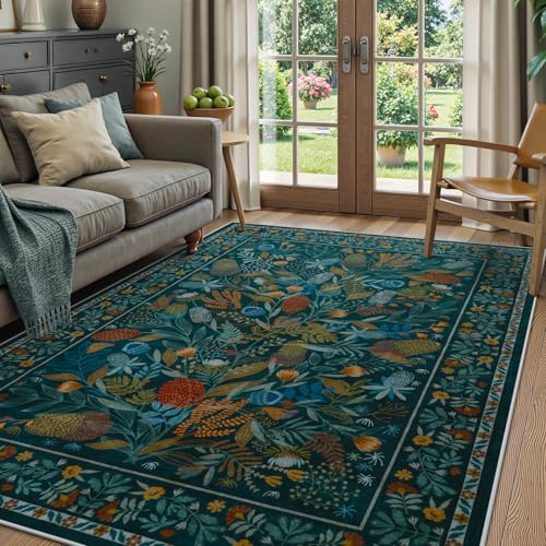 Anidaroel Botanical Print 5x7 Area Rugs for Living Room, Washable Soft Rugs for Bedroom Aesthetic, Non Slip Modern Rug Stain Resistant Dining Room Mat Throw Carpet for Dorm Nursery, Tea - Image 1
