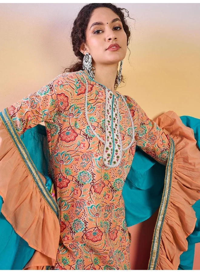 أيه كيه إس Peach Printed Cotton Kurta Afgani Pant Set With Ruffled Dupatta