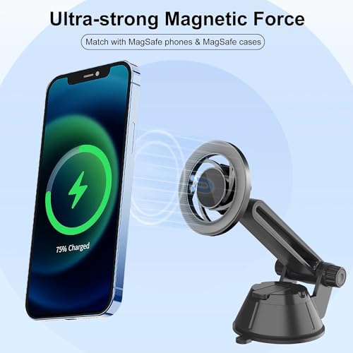 RIGGEAR Magnetic Dashboard Car Phone Holder, Compatible with MagSafe Car Phone Mount, Windshield Mobile Holder for Magsafe Compatible iPhones/Cases/Android Phones (with Free Included Metal Ring) - Image 4