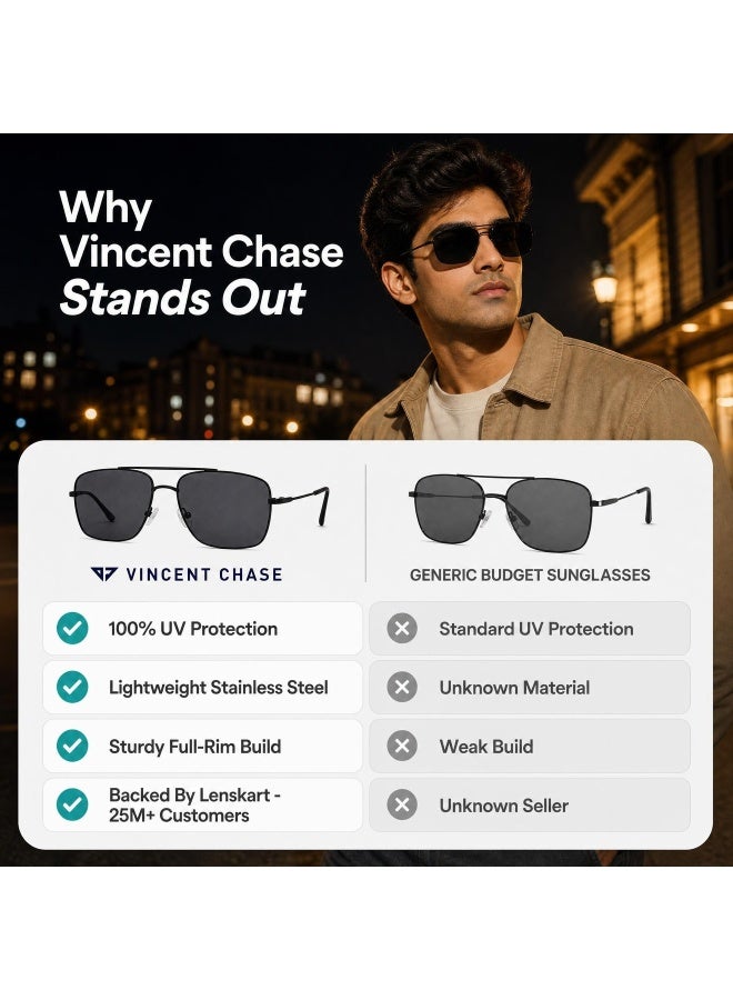 VINCENT CHASE Unisex Vintage Full Rim Square Frame Polarized & UV Protected Sunglasses VC S13716 - 60mm - Black - Image 4