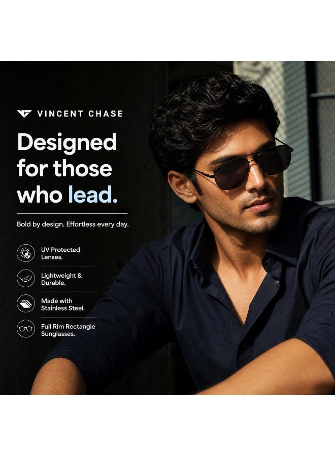 VINCENT CHASE Unisex Vintage Full Rim Square Frame Polarized & UV Protected Sunglasses VC S13716 - 60mm - Black - Image 3