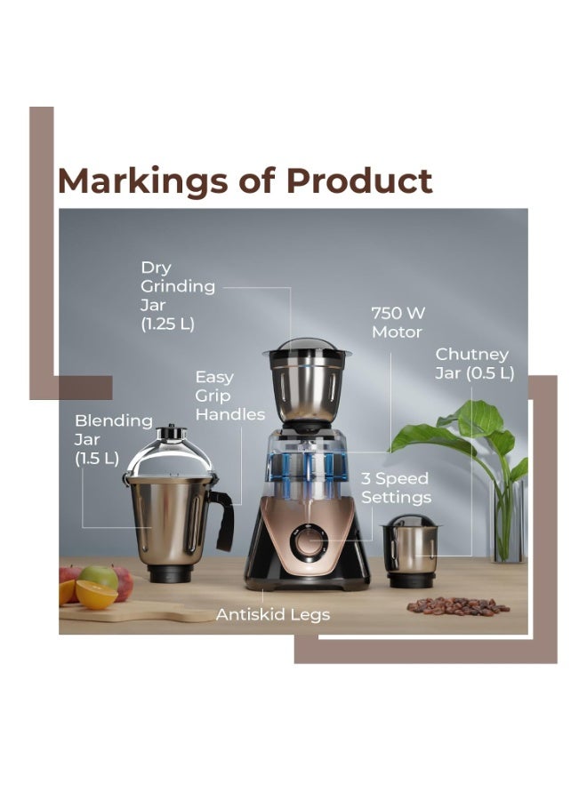 Lifelong Mixer Grinder for Kitchen | 3 Jars 750 Watt Mixie with Chutney Jar, Liquidizing Jar & Wet Grinder |Blender for Juices, Smoothies & Purees with Stainless Steel Blades, 3-Speed & Pulse Function - Image 2