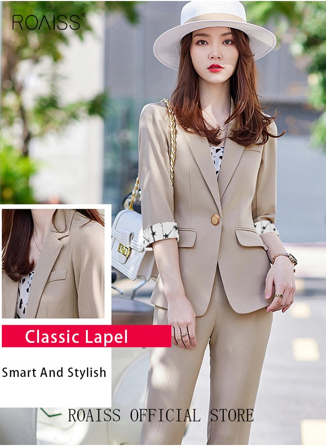 roaiss - Women's White Suits with Scarf Long Sleeve Blazer Office Women's Wear Thin Casual Design Women's Blazers Lapel Long Sleeve Button Casual Business Jacket - Image 1
