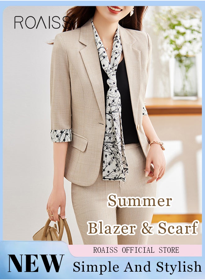 roaiss - Women's White Suits with Scarf Long Sleeve Blazer Office Women's Wear Thin Casual Design Women's Blazers Lapel Long Sleeve Button Casual Business Jacket - Image 1