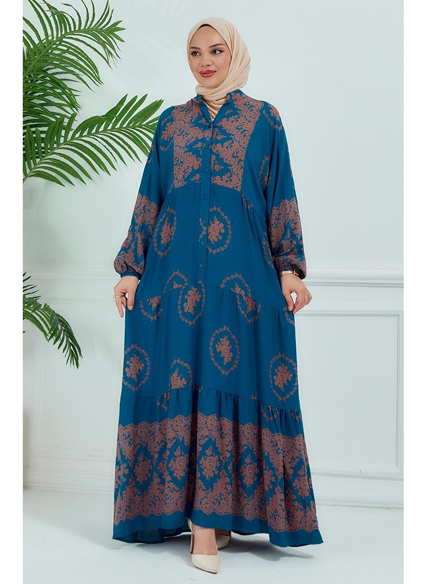 Sefa Merve - Balloon Sleeve Patterned Dress 5585-01 Petrol - Image 1