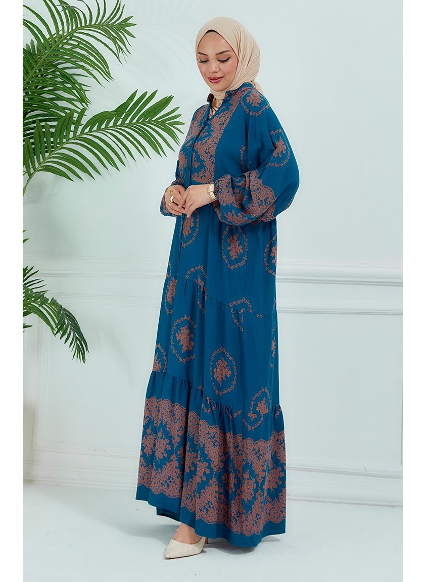 Sefa Merve - Balloon Sleeve Patterned Dress 5585-01 Petrol - Image 1