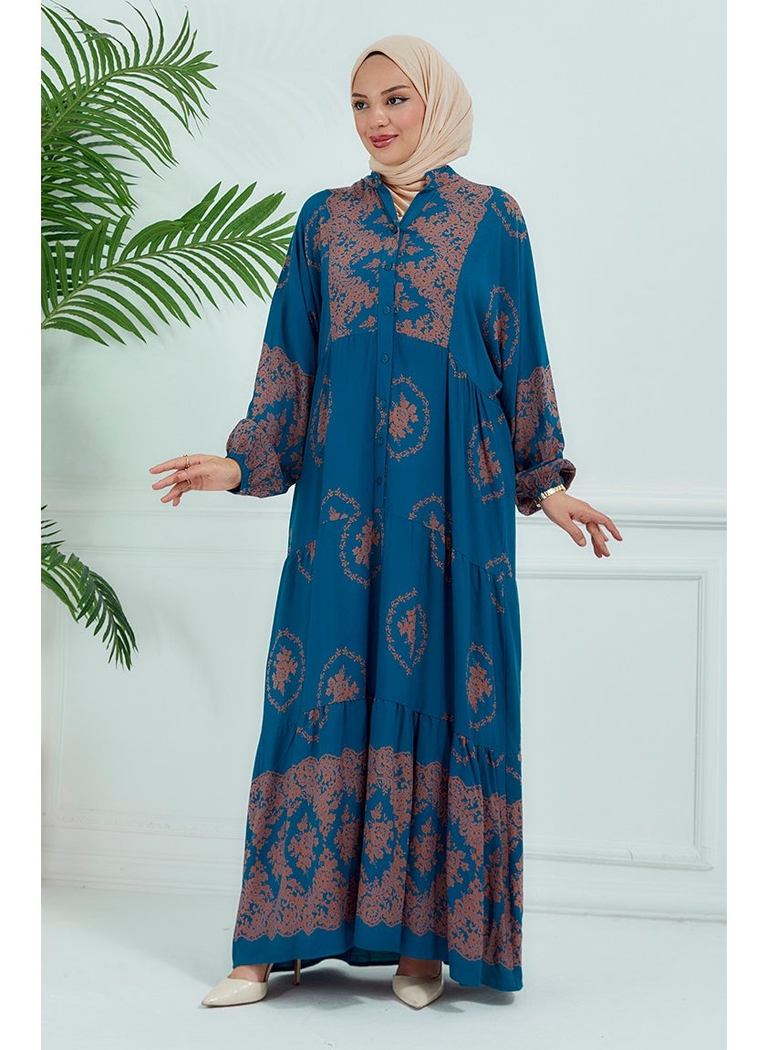 Sefa Merve - Balloon Sleeve Patterned Dress 5585-01 Petrol - Image 1