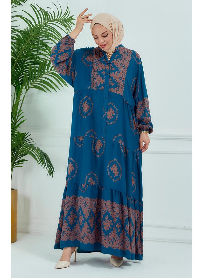 Sefa Merve - Balloon Sleeve Patterned Dress 5585-01 Petrol - Image 1