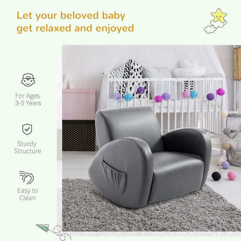 Qaba Kids Sofa Rocking Chair with Side Pocket, PU Leather Toddler Armchair for Children Grey - Image 5