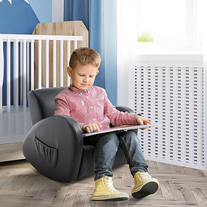 Qaba Kids Sofa Rocking Chair with Side Pocket, PU Leather Toddler Armchair for Children Grey - Image 2