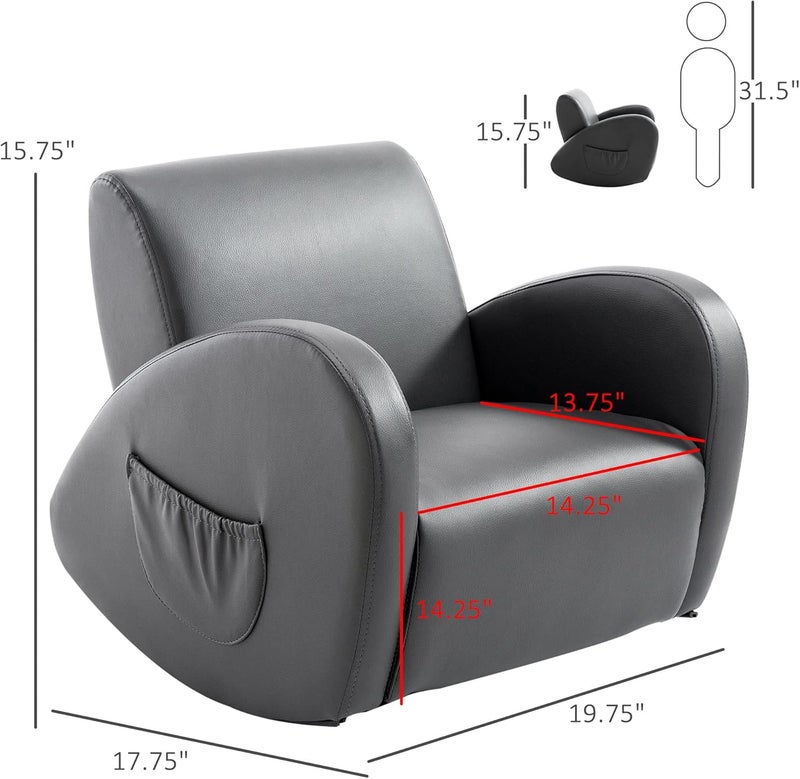 Qaba Kids Sofa Rocking Chair with Side Pocket, PU Leather Toddler Armchair for Children Grey - Image 3