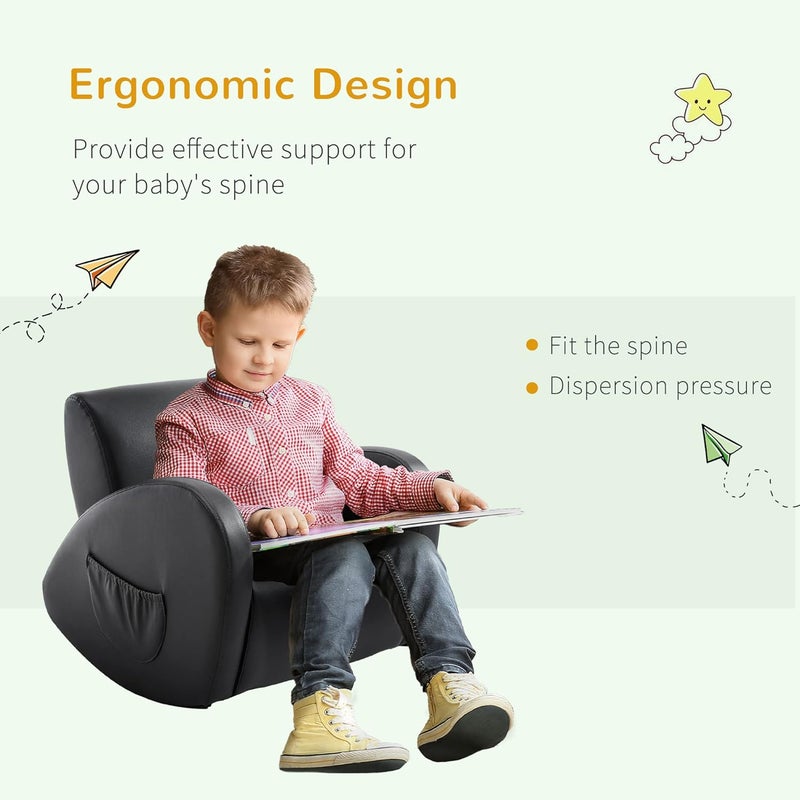 Qaba Kids Sofa Rocking Chair with Side Pocket, PU Leather Toddler Armchair for Children Grey - Image 4