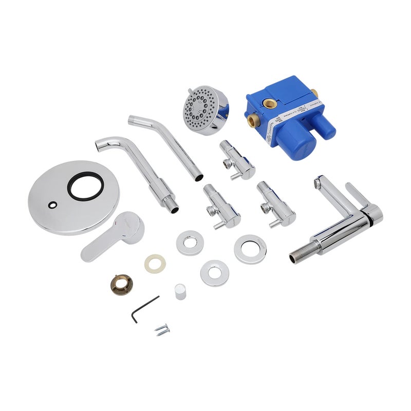 Hindware F430002CP Combo Set of Single Lever Diverter with Pillar Tap, Angle Cock, Spout and Overhead Shower, Bathroom in a Box, Wash Basin Tap - Image 1